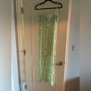 Commense Aegean Ruffle Zippered Midi Dress in Light Green